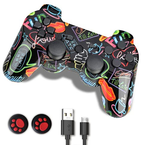 Game Controller, Wireless Controller Doppio Shock Gamepad Compatibile per Play3, Gamepad Ergonomico con Caricabatterie e Impugnature Pollice, 2021 Versione Graffiti (Red)