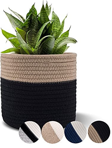 Oradrem Panier de fleurs en corde de coton tissé pour pot de fleurs de 15,2 cm, pot de fleurs, pot de fleurs, décoration d'intérieur, organisateur de rangement H 17,5 x 16,5 cm, noir et marron