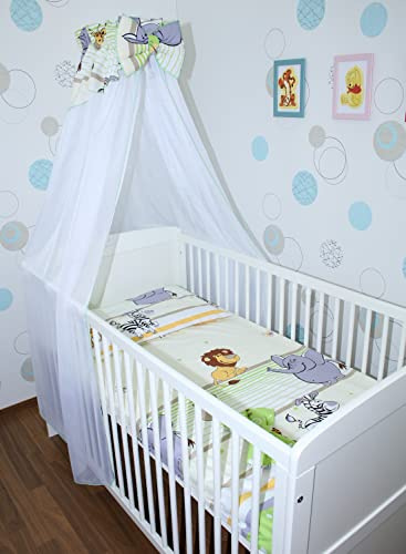 Primawela Baby Bettset Bettwäsche mit Himmel Chiffon - Safari Grün - Bettausstattung Set (7 teilig)