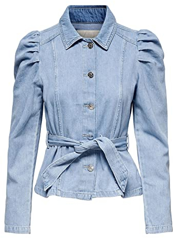 ONLY Damen Jeans-Bluse ONLJules Life Denim Jacket Jacke mit Gürtel und Puff-Ärmeln 15235675 light blue denim M