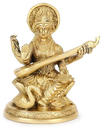Zap Impex Messing Saraswati Idol Saraswati Göttin Sitzende Statue auf Lotus für Home Puja Tempel