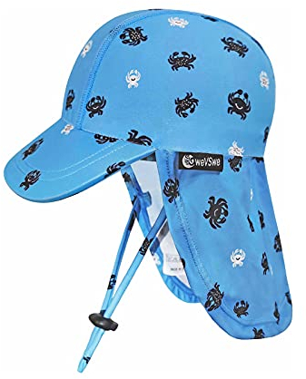 weVSwe Baby Kleinkind Sonnenhut UPF 50+ Faltbare verstellbare Träger Klappe Mütze Hals Sonnenschutz Schnell trocknender Sonnenhut Jungen Mädchen Blau Krabbe 2-3 Jahre