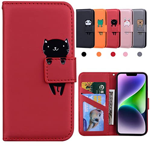 Kedic Custodia Compatibile con Apple iPhone 14 Plus 6,7 Pollici, Cover iPhone 14 Plus, Flip Cartoon Portafoglio Cover per iPhone 14 Plus (2022) con Kickstand Fuction, Slot per Schede - Rosso