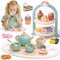 Atoylink Juego de Té Madera Niña con Postre Galleta Juguete Servicio de té Juguete Accesorios de Cocina de Madera Juguetes de Madera Juegos de imitación Regalo para Niños Niñas 3 4 5 6 7 años (Verde)