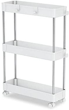 Carrito Organizador con Ruedas Giratorias de 3 Alturas Estrecho - Carro Cocina, Baños, Garaje u Oficina - Carrito para Almacenamiento Móvil - Blanco - 40 x 13 x 60 cm - Aktual