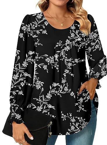 Bestbee Womens Long Sleeve Tunic Tops Dressy Chiffon Blouses Crew-Neck Smocked Cuffs Sleeve Shirts Casual T-Shirts Ladies Pleated Tops, Black-White Flower, L