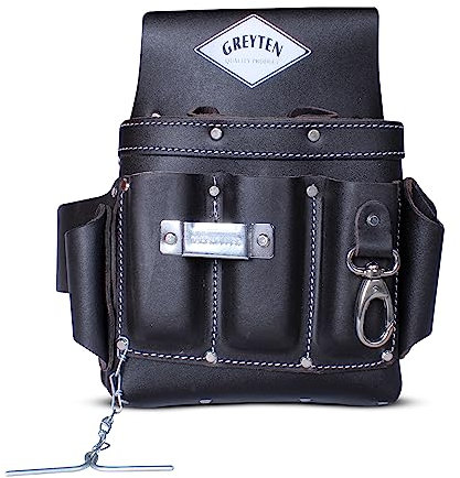 GREYTEN Leather Tool Pouch, 8-Pockets Dark Brown Tool Pouch Bag, 100% Leather Tool Pouch with Belt Clip with Metal Hammer Holder, Plier/Pencil/Knife/Tape Holder & Multi Tools Pockets