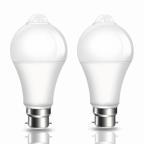 PIR Motion Sensor LED Bulbs 9W, BC B22 Bayonet Light Bulbs Cool White 6500K, Equivalent 60W, Auto On/Off B22 Motion Sensor Light Bulb for Garage, Stairs, Hallway, 2 Pack