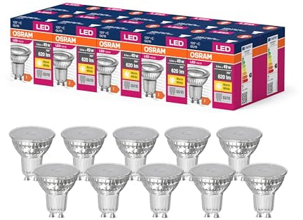 OSRAM Valor de estrella LED de PAR16 Lámpara LED para base Gu10, lámpara reflector, GL, 620 lúmenes, blanco cálido (3000k), reemplazo de bombillas convencionales de 49W, no Dimmable, paquete de 10