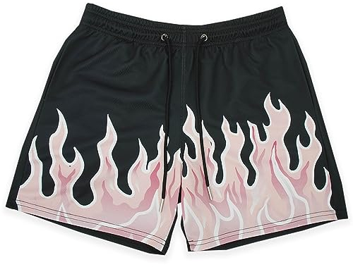 BOOMLEMON Herren Basketball Shorts Casual Workout Athletic Shorts Mesh Flamme Grafik Print Laufen Kurze Hosen, Pink Flame Black, Klein