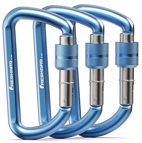 FresKaro Carabiner Clip Heavy Duty, Strong 12kN Screw-gate Aluminum Carabina, Locking Karabiner Hooks, 3 Inch, Lightweight, Lockable for Dog Lead, Hammocks, Swing, Camping, Key, D-Shaped, 3Pack Blue