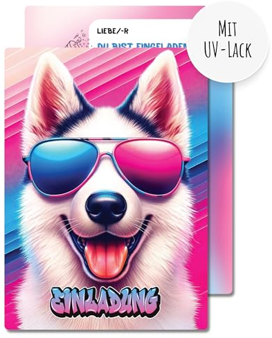 møij 12x EINLADUNGSKARTEN für Jungen & Mädchen Kindergeburtstag - coole Karten mit Hund und UV-Lack