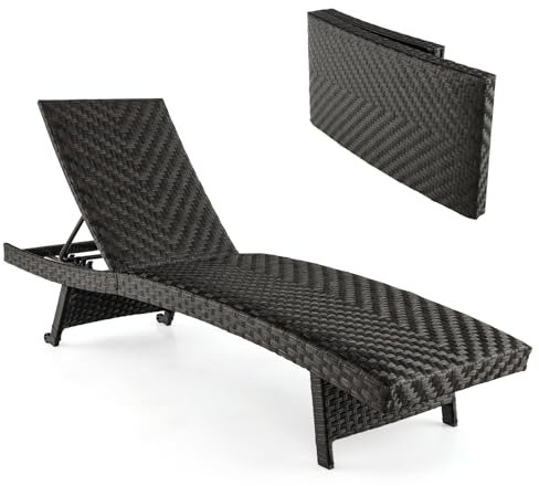 COSTWAY Tumbonas Jardin Exterior Plegable, Acolchado de Ratán, Respaldo Ajustable de 5 Niveles, Tumbona Piscina Playa Terraza con Ruedas Traseras, 195 x 61 x 38-97 cm