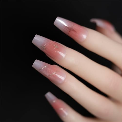 Coffin Long Fake Nail with Stars Press on Nails Blush Cat's Eye Tips Nail Art Decoration for Women and Girls Manicure 24pcs