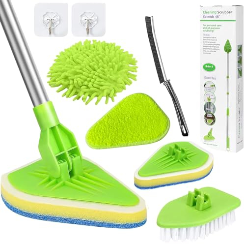 Tile Scrubber for Bathroom, 4-In-1 Shower Cleaning Brush Long Handled Scrubbing Brush 180° Rotatable Tile Cleaner for Bathtub Tile Wall Floor