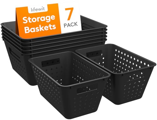 Lifewit Plastic Storage Basket, 7 Pack Stackable Storage Bins for Organizing, Multi Size Open Containers for Shelving, Pantry, Kitchen, Bathroom, Office and Cabinet, 5 Large and 2 Small Size, Black