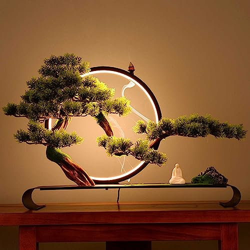 ZYFBD Artificial Tree With Lamp Ring, Zen Welcome Pine Faux Potted With Backflow Incense, Realistic Simulation Bonsai Green Plant For Home Office Desk Bedroom Farmhouse