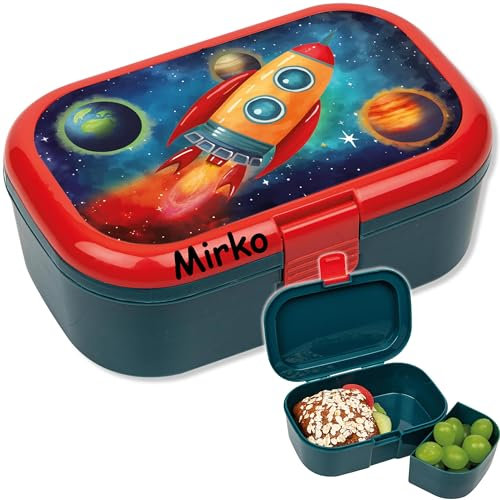 Carpeta Lunchbox * RAKETE 2 plus WUNSCHNAME * für Kinder | Brotdose mit Namensdruck | Vesperdose Schule Kindergarten Weltraum Space