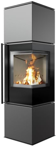 KRATKI Ren/M Eckkamin 7 kW – Freistehender Kaminofen aus Stahl Ø 150 mm 2 Seiten Glas - BImSchV 2, Ecodesign & Flamme Verte - doppelseitige Sichtscheibe, Tür rechts