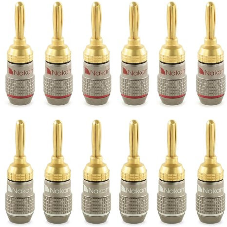 Nakamichi FanLock Excel-Serie 24 Karat vergoldeter Bananenstecker, 10 AWG – 18 AWG, 4 mm Dicke für Lautsprecherverstärker, Hi-Fi Stereo Heimkino Audiokabel Schnellanschluss, 12 Stück (6-Paare)