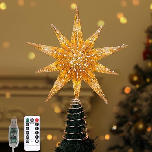 Lewondr Stella Cima per Albero di Natale,13 Stella Natalizia a 10 Punte Illuminata con Alimentazione a Presa e Telecomando per Decorazioni Natalizie,Timer 6H&8 Modalità Illuminazione, Luce Calda, Oro