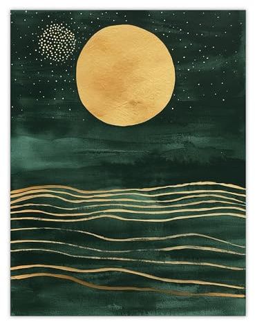 Artery8 Boho Abstract Full Moon Dark Green Gold Seascape Bathroom Toilet Large Wall Art Poster Print Thick Paper 18X24 Inch