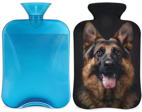 Dog German Shepherd Hot Water Bottle with Cover, 2L Dog Animal Pattern Hot Water Bag for Pain Relief, Neck and Shoulder, Hand Feet Warmer