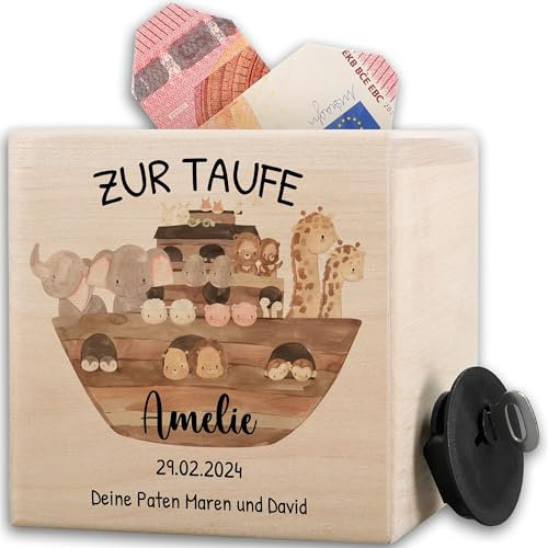 Holz Spardose Arche Noah Taufe | Geschenk zur Taufe Personalisiert mit Name I Taufgeschenke | Taufspardose | Taufsparkasse - 10x10cm - Holz - personalisierte tauf Geschenke taufgeschenk taufen noah'