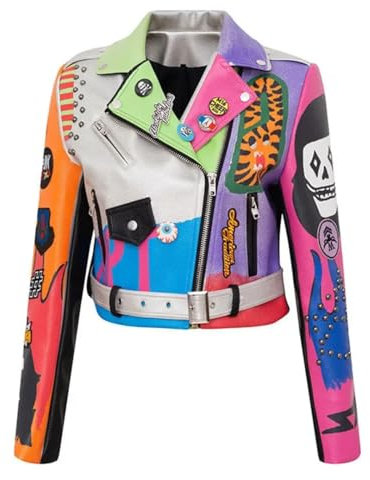 Damen-Lederjacken, bunt, Graffiti-Nieten, Punk, Kunstleder, Motorrad-Bikerjacke, silber, XXL