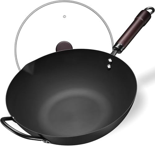 wok, woks de acero al carbono de 13 pulgadas y sartenes antiadherentes, sartén china de fondo plano con tapa, utensilios de cocina de acero al carbono, compatible con todas las cocinas