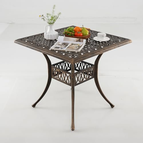 COSTWAY Table Jardin Carrée Antique 80 CM 4 Personnes, Table de Patio en Fonte d'Aluminium avec Trou pour Parasol 4,8 CM Pieds Réglables Antidérapants, pour Patio Piscine Terrasse, Bronze