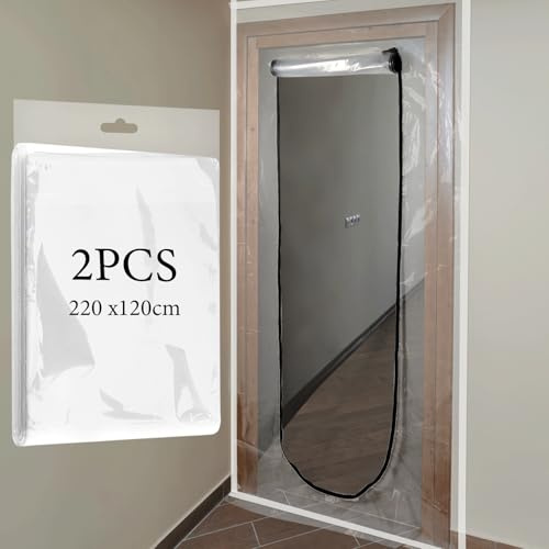 Dust Door Cover with Zip, Transparent Anti-Dust Zip Door 220x120cm Doorway Dust Protector with Masking Tape Dust Protection Door Dust Sheet for Decorating and DIY Projects (2 Pack)