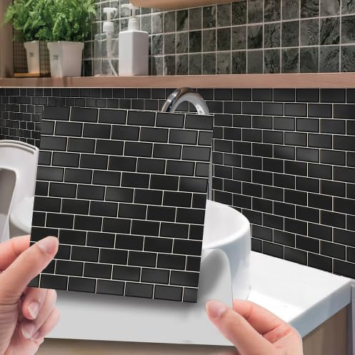 JOZMMZEOOA 30 Pieces Black and White Tile Stickers Waterproof & Removable Stickers Backsplash Tile Stickers Stick and Peel for Kitchen Bathroom (#D, 15 * 15CM) | Kitchen bathroom, black brick, home decoration