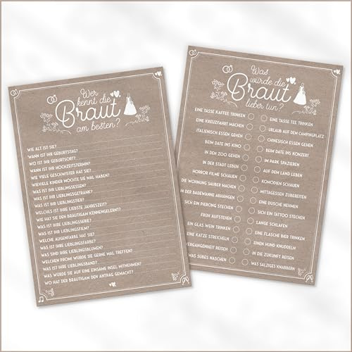 20x Kraftpapier Wer kennt die Braut am besten? | JGA Spiel | Junggesellinnenabschied + Junggesellenabschied + Hochzeit Spiel | Ratespiel Ausfüllkarten | Größe A5