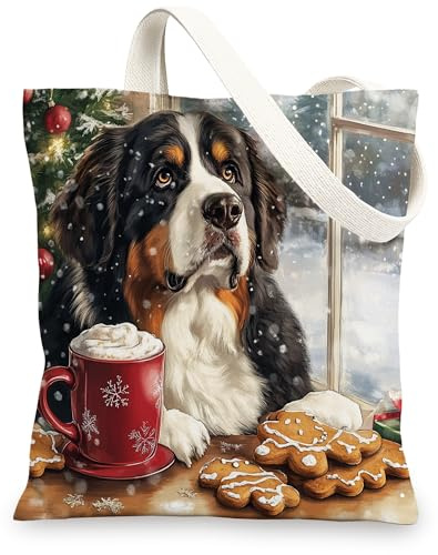Einkaufstasche aus Segeltuch, Motiv: Berner Sennenhund, 33 x 38 cm, Lebkuchen, Weihnachten, Welpen, wiederverwendbare Einkaufsmuster-Tasche für Frauen, ästhetische Malerei, Geschenk, Dekoration