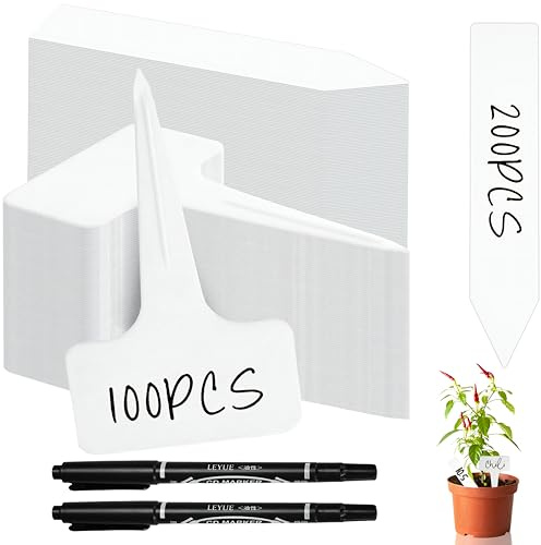 300 Stück Pflanzenschilder aus Kunststoff – Pflanzenschilder zum Beschriften, Pflanzschilder für Draußen Wetterfest, für Kräuter, Gemüse, Blumen, 200× Pfeilform & 100× T-Form mit 2 schwarzen Markern