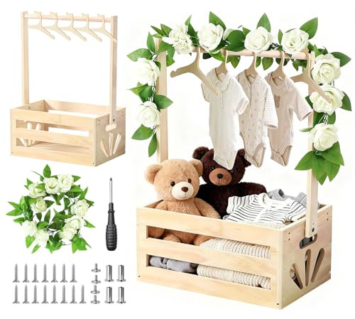 Regalo para Baby Shower - Cesta de Madera con 6 Colgadores y Guirnalda Floral | Set Completo con Cesta, Colgadores y Decoración para Recién Nacidos