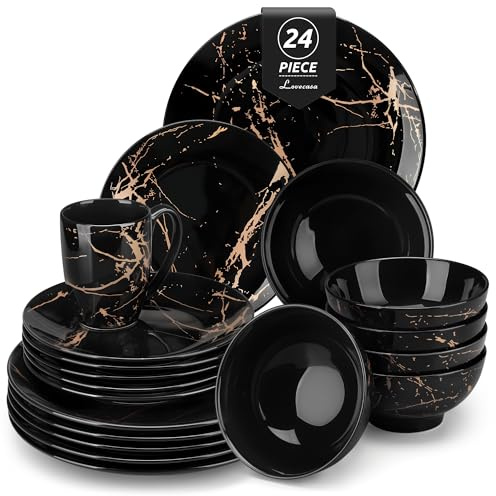 LOVECASA Daphne - Servizio Piatti 24 Pezzi per 6 Persone, Set Piatti Moderni in Porcellana Marmo Nero e Oro, Piatti Piani, Fondi, Ciotole e Tazze