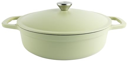 Commichef Leichte Gusseisen Kasserolle mit Deckel, 28 cm, 3 l | Grün, emailliert, flache Form, zum Schmoren, Brotbacken, induktionsgeeignet, ofenfest