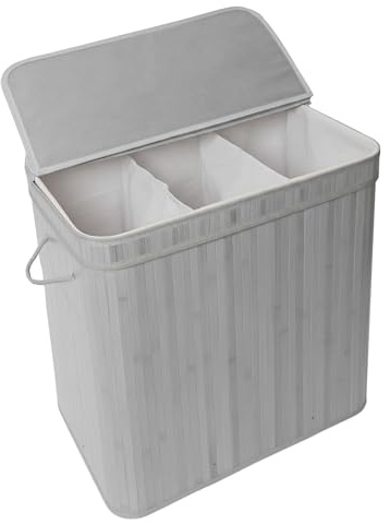 Relaxdays Wäschekorb mit Deckel, Bambus, 150 l, 3 Fächer, HxBxT: 61,5 x 61 x 41,5 cm, Badezimmer Wäschetruhe, grau