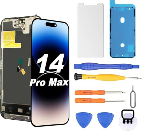 OLED Display für iPhone 14 Pro Max 120Hz Displayreparatur [Soft OLED, NICHT Hard OLED], 3D-Touch Display FHD Digitizer Baugruppe mit Reparatur-Werkzeugsatz, wasserdichter Kleber, Displayschutzfolie