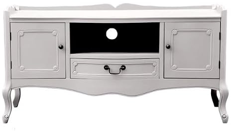Mobile TV Bianco Stile Classico con Cassetto, 120x45x60 cm, Shabby con foro per cavi, colore bianco con sportellini e cassetto, 801549 | 2 Ante Laterali, Vano Centrale Aperto, Gambe Curve, Passacavi Posteriore, Finitura Laccata