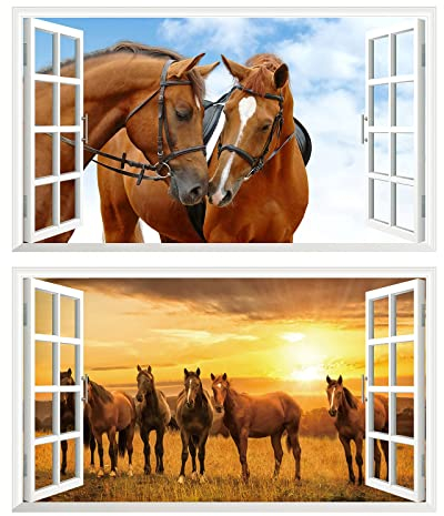 2Pcs Pferd Horse Schwarz Weiss Wandtattoo 3D Effekt XXL Wanddurchbruch Fenster Wandaufkleber für Junge Mädchen Kinderzimmer V06 1000 mm breit x 600 mm tief (groß)