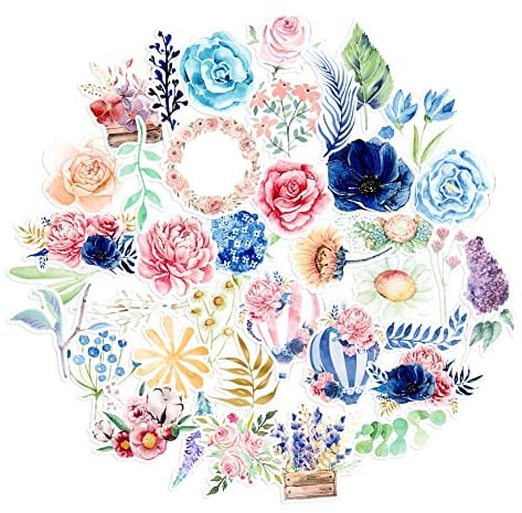 Navy Peony Watercolour Hot Air Balloon and Spring Flower Stickers | Waterproof Plant Stickers for Water Bottles, Laptop Computer, and Scrapbook | Great Stickers for Children and Adults (37 Pieces)