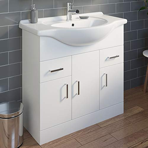 Essentials 850mm Bathroom Vanity Unit & Basin Sink Floorstanding Gloss White Tap + Waste