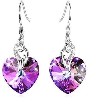 Boucles d'oreilles Cœur Pendantes Femme Argent Boucles d'oreilles Ailes avec Cristal, Bijoux Cadeaux pour Anniversaire Femme Filles (violet)
