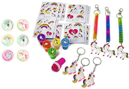 com-four® 30-teiliges Mitgebsel Set mit Einhorn Motiven für Kindergeburtstage bestehend aus Stickern, Schlüsselanhängern, Flummi und Stempel [Auswahl variiert] (30-teilig - Set2)