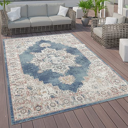 Paco Home In- & Outdoor-Teppich Für Balkon Terrasse, Kurzflor Mit Orient-Look In Blau, Grösse:120x170 cm
