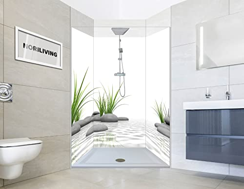 NORILIVING Duschrückwand Fliesenersatz Dusche 100x200 cm Motiv Zen Steine Gras | Duschwand ohne Bohren 3 teilig | Wandverkleidung Bad Aluverbundplatte 3 mm