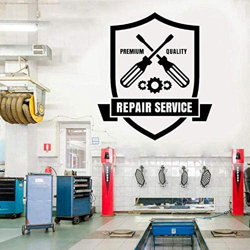Autoreparatur Wandtattoos Auto Service Logo Vinyl Innendekoration Fensteraufkleber Garage Shop Banner Wandbild Abnehmbares Werkzeug, Schwarz 57 * 64Cm